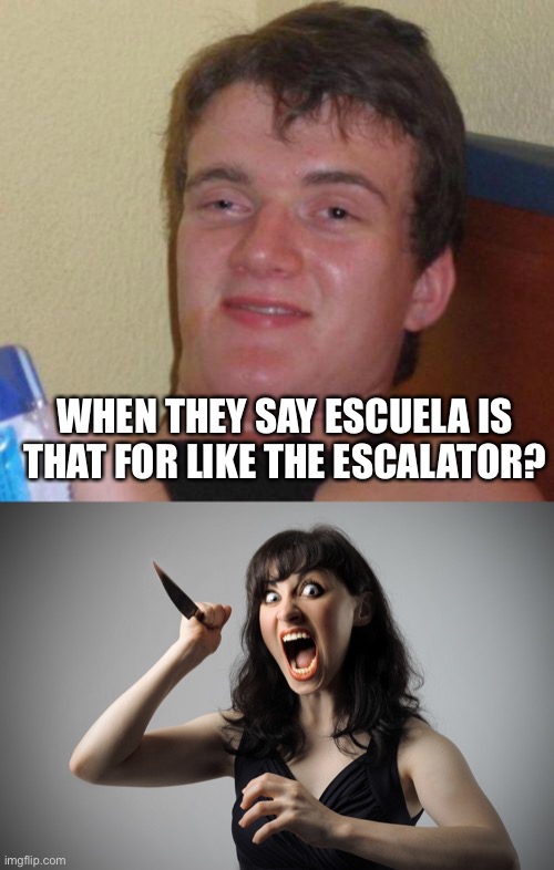 WHEN THEY SAY ESCUELA IS THAT FOR LIKE THE ESCALATOR? | image tagged in stoned guy,angry woman | made w/ Imgflip meme maker
