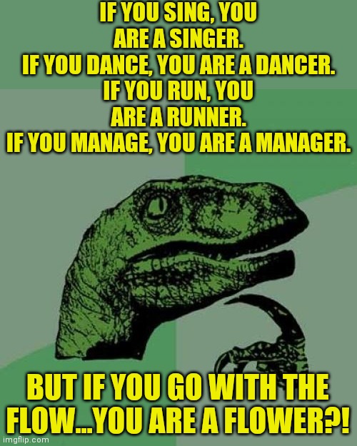 Proof life is unfair to words now | IF YOU SING, YOU ARE A SINGER.
IF YOU DANCE, YOU ARE A DANCER.
IF YOU RUN, YOU ARE A RUNNER.
IF YOU MANAGE, YOU ARE A MANAGER. BUT IF YOU GO WITH THE FLOW...YOU ARE A FLOWER?! | image tagged in memes,philosoraptor,words | made w/ Imgflip meme maker