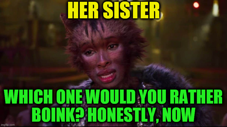 cats the musical | HER SISTER WHICH ONE WOULD YOU RATHER
BOINK? HONESTLY, NOW | image tagged in cats the musical | made w/ Imgflip meme maker