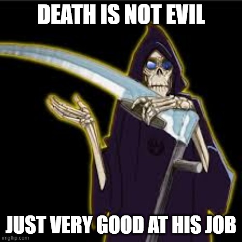 Death is Not Evil | DEATH IS NOT EVIL; JUST VERY GOOD AT HIS JOB | image tagged in discworld,death,evil,good at his job,not evil | made w/ Imgflip meme maker