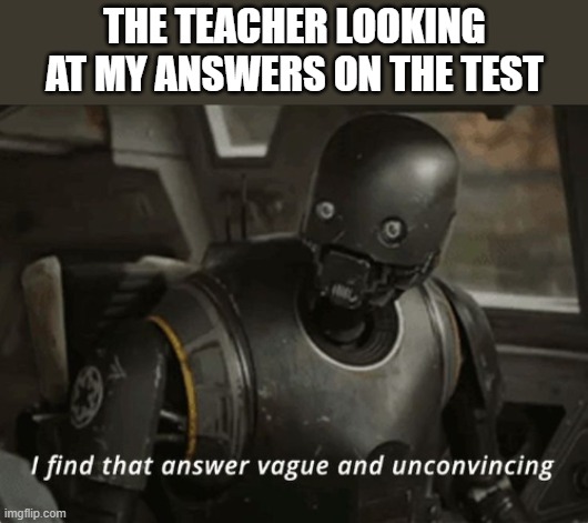 I find that answer vague and unconvincing | THE TEACHER LOOKING AT MY ANSWERS ON THE TEST | image tagged in i find that answer vague and unconvincing,i'm 15 so don't try it,who reads these | made w/ Imgflip meme maker