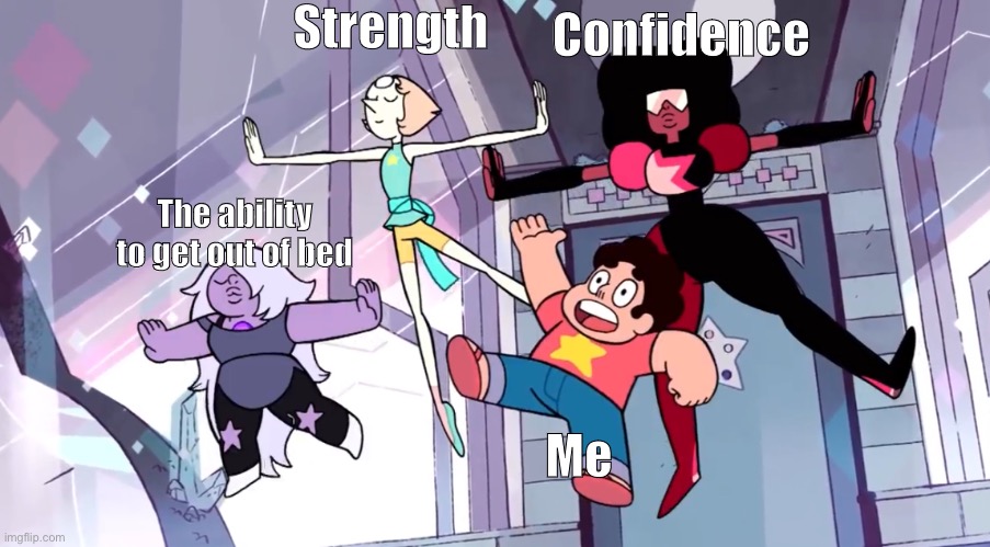 Someone tell me how to make this a shared template | Strength; Confidence; The ability to get out of bed; Me | image tagged in steven universe,funny | made w/ Imgflip meme maker