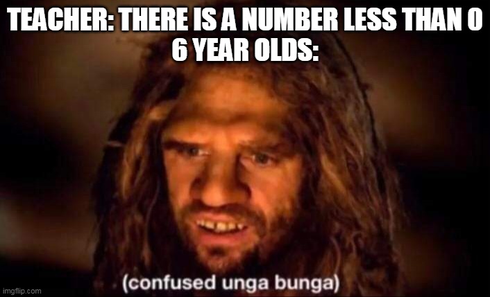 Confused Unga Bunga | TEACHER: THERE IS A NUMBER LESS THAN 0
6 YEAR OLDS: | image tagged in confused unga bunga | made w/ Imgflip meme maker