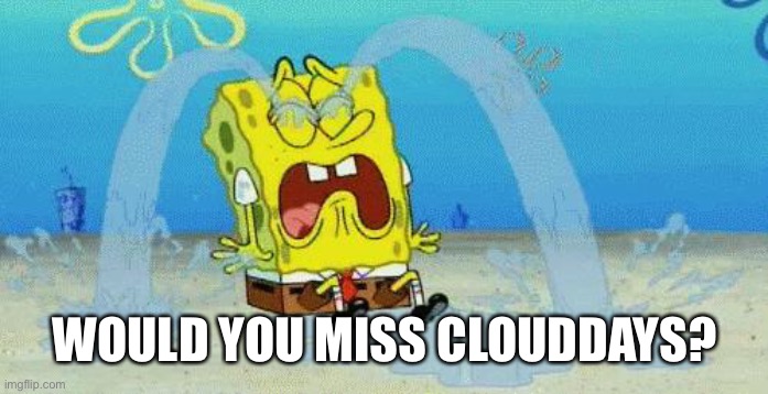 I’m just gonna put this here so people like you can cheer Cloud up.. | WOULD YOU MISS CLOUDDAYS? | image tagged in sad crying spongebob | made w/ Imgflip meme maker