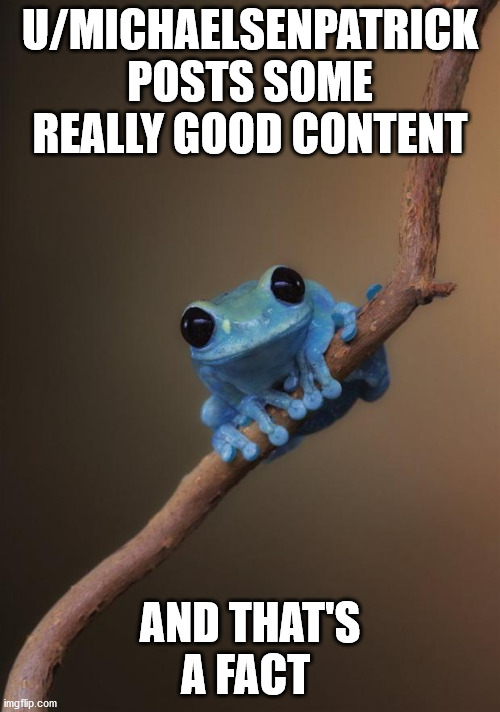 small fact frog | U/MICHAELSENPATRICK POSTS SOME REALLY GOOD CONTENT; AND THAT'S A FACT | image tagged in small fact frog | made w/ Imgflip meme maker