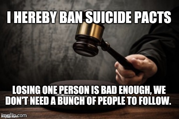Court | I HEREBY BAN SUICIDE PACTS; LOSING ONE PERSON IS BAD ENOUGH, WE DON'T NEED A BUNCH OF PEOPLE TO FOLLOW. | image tagged in court | made w/ Imgflip meme maker