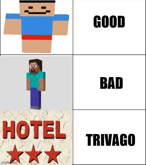 Hotel? Trivago | GOOD; BAD; TRIVAGO | image tagged in 6 panel,shitass,minecraft,hotel,trivago | made w/ Imgflip meme maker
