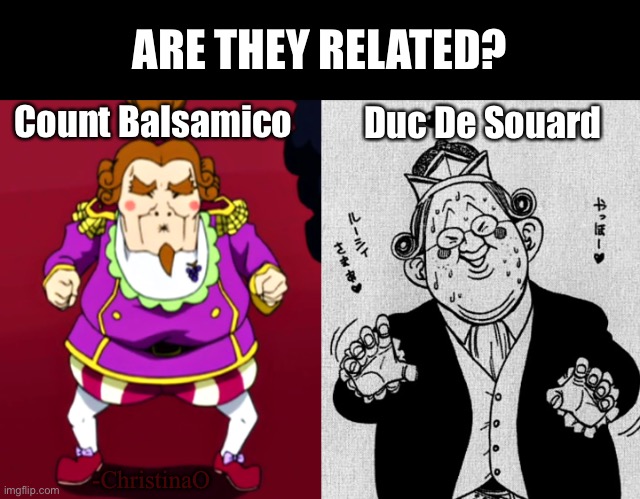 Are count Balsamico and duc de Souard related? |  ARE THEY RELATED? Count Balsamico; Duc De Souard; -ChristinaO | image tagged in duc de souard,count balsamico,fairy tail,fairy tail memes,fairy tail guild,lucy heartfilia s fiance | made w/ Imgflip meme maker