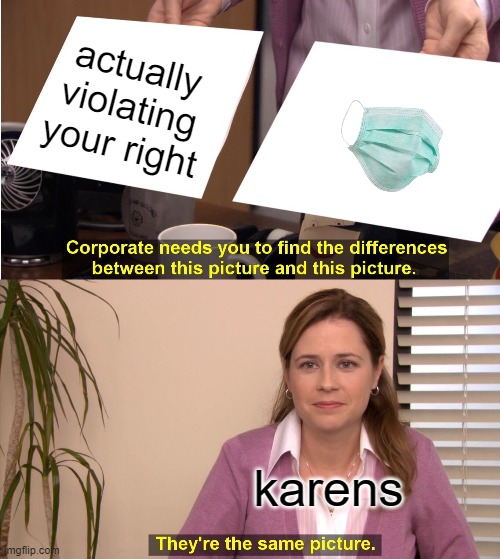 I wonder why Karen's can't wear masks. | actually violating your right; karens | image tagged in memes,they're the same picture,karen,fun,funny,masks | made w/ Imgflip meme maker