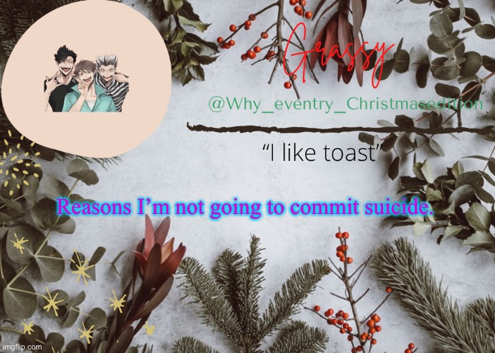 Okay | Reasons I’m not going to commit suicide. | image tagged in why_eventry christmas template | made w/ Imgflip meme maker