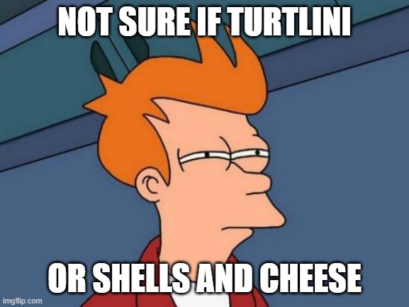 Futurama Fry Meme | NOT SURE IF TURTLINI OR SHELLS AND CHEESE | image tagged in memes,futurama fry | made w/ Imgflip meme maker