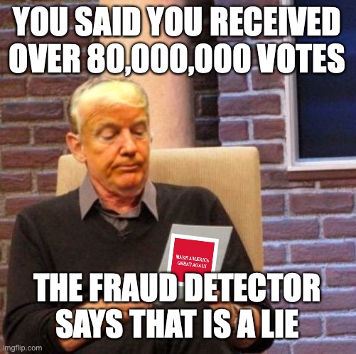 The Donny Show | YOU SAID YOU RECEIVED OVER 80,000,000 VOTES; THE FRAUD DETECTOR SAYS THAT IS A LIE | image tagged in maury lie detector,donald trump | made w/ Imgflip meme maker