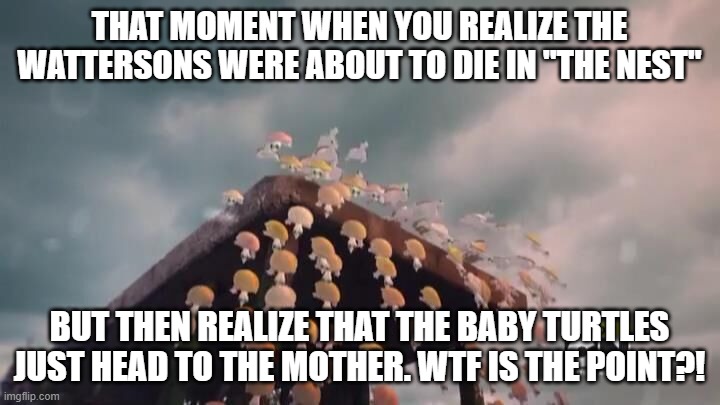 TAWOG - The Nest: Ending | THAT MOMENT WHEN YOU REALIZE THE WATTERSONS WERE ABOUT TO DIE IN "THE NEST"; BUT THEN REALIZE THAT THE BABY TURTLES JUST HEAD TO THE MOTHER. WTF IS THE POINT?! | image tagged in tawog - the nest ending | made w/ Imgflip meme maker