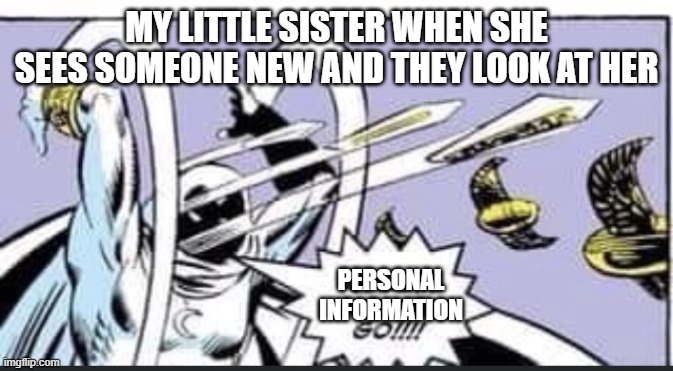 Anyone else do this? | MY LITTLE SISTER WHEN SHE SEES SOMEONE NEW AND THEY LOOK AT HER; PERSONAL INFORMATION | image tagged in random bullshit go | made w/ Imgflip meme maker