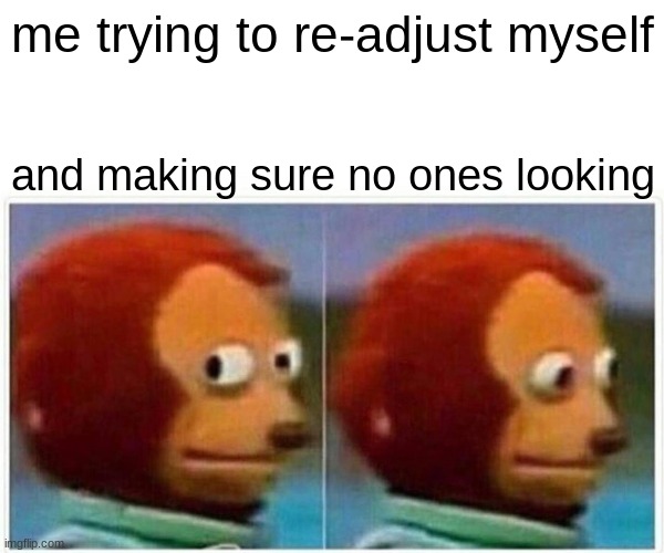 Monkey Puppet | me trying to re-adjust myself; and making sure no ones looking | image tagged in memes,monkey puppet | made w/ Imgflip meme maker