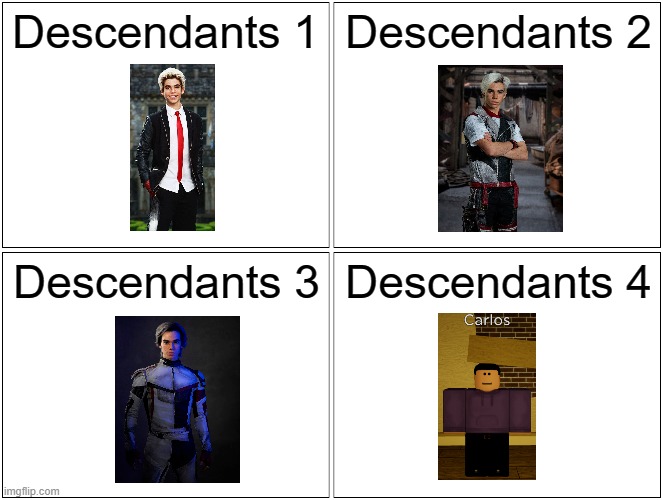 Timeline of Carlos | Descendants 1; Descendants 2; Descendants 3; Descendants 4 | image tagged in memes,blank comic panel 2x2,descendants | made w/ Imgflip meme maker