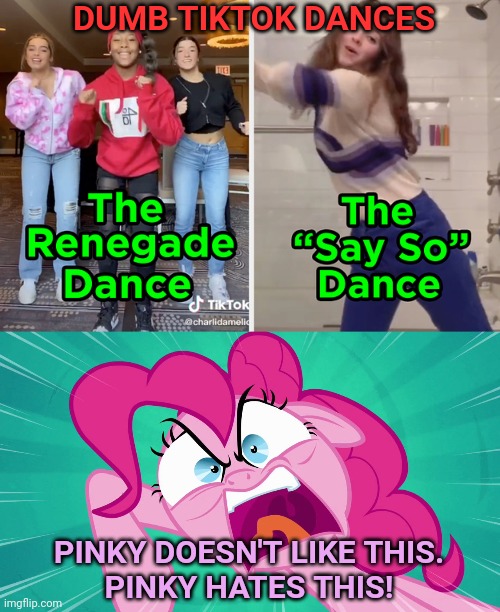 Pinkie pie hates tiktok | DUMB TIKTOK DANCES; PINKY DOESN'T LIKE THIS.
PINKY HATES THIS! | image tagged in pinkie pie,hate,tik tok,mlp,tik tok sucks | made w/ Imgflip meme maker