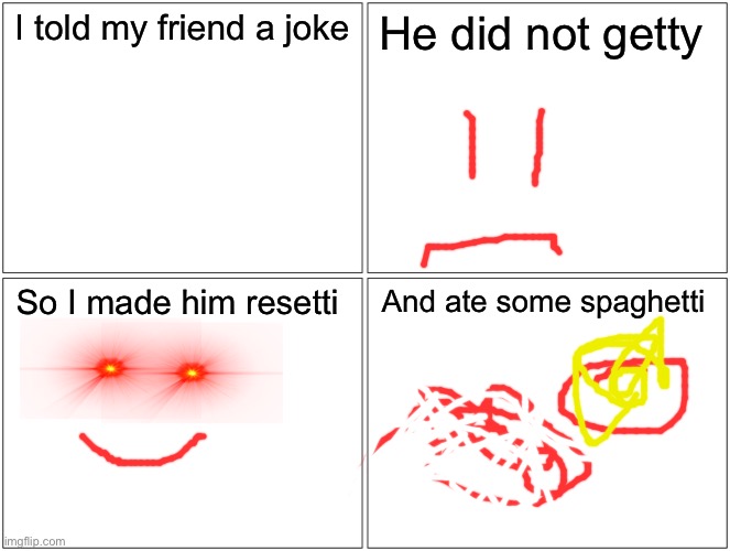 Reset or yet | I told my friend a joke; He did not getty; So I made him resetti; And ate some spaghetti | image tagged in memes,blank comic panel 2x2 | made w/ Imgflip meme maker