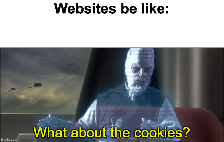 website has many cookises | Websites be like:; What about the cookies? | image tagged in what about the droid attack on the wookies | made w/ Imgflip meme maker