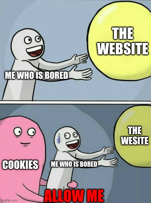 can we all relate most websites does this | THE WEBSITE; ME WHO IS BORED; THE WESITE; COOKIES; ME WHO IS BORED; ALLOW ME | image tagged in memes,running away balloon,cookies,website,be gone thot | made w/ Imgflip meme maker