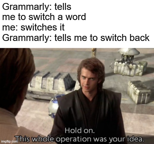 Hold on this whole operation was your idea | Grammarly: tells me to switch a word
me: switches it
Grammarly: tells me to switch back | image tagged in hold on this whole operation was your idea,memes,grammarly,grammar,oh wow are you actually reading these tags | made w/ Imgflip meme maker