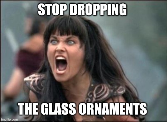 Ornaments | STOP DROPPING; THE GLASS ORNAMENTS | image tagged in angry xena | made w/ Imgflip meme maker