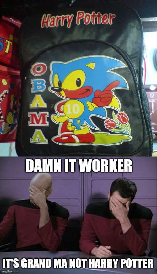 The bootleg is getting out of hands | DAMN IT WORKER; IT'S GRAND MA NOT HARRY POTTER | image tagged in double facepalm,bootleg,sonic,harry potter | made w/ Imgflip meme maker
