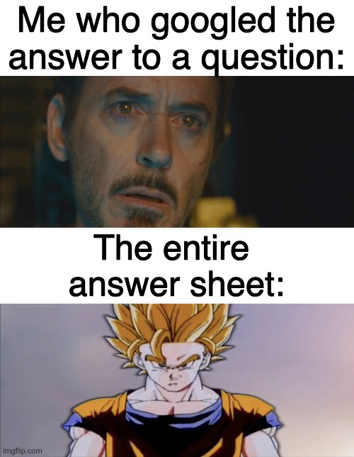 Worksheets with Goku and Tony Stark | Me who googled the answer to a question:; The entire 
answer sheet: | image tagged in dragon ball z,avengers memegame,tony stark,crossover | made w/ Imgflip meme maker
