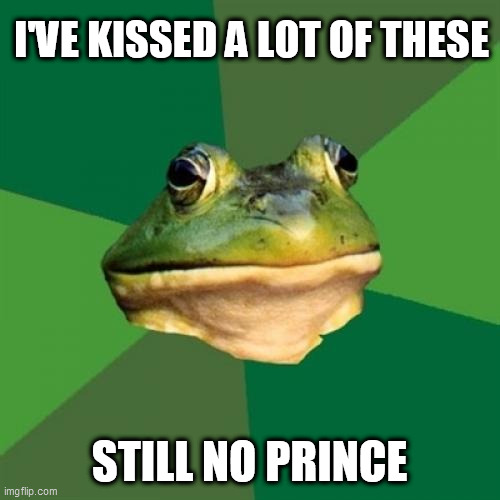 Foul Bachelor Frog Meme | I'VE KISSED A LOT OF THESE; STILL NO PRINCE | image tagged in memes,foul bachelor frog | made w/ Imgflip meme maker