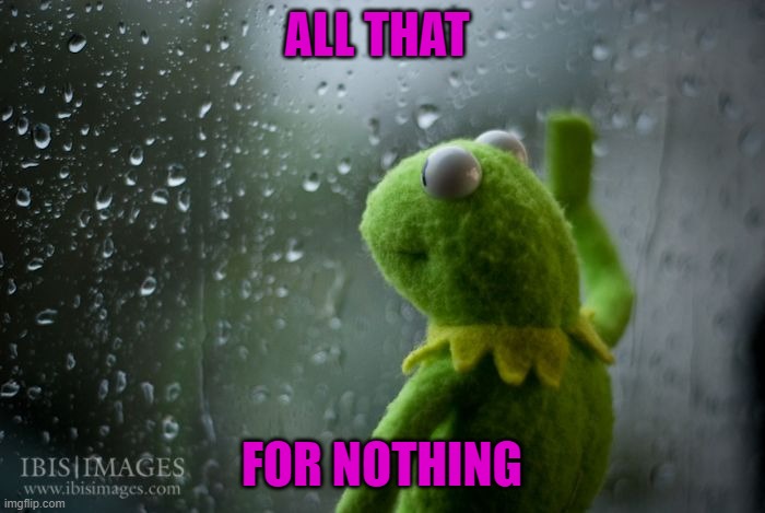 kermit window | ALL THAT FOR NOTHING | image tagged in kermit window | made w/ Imgflip meme maker