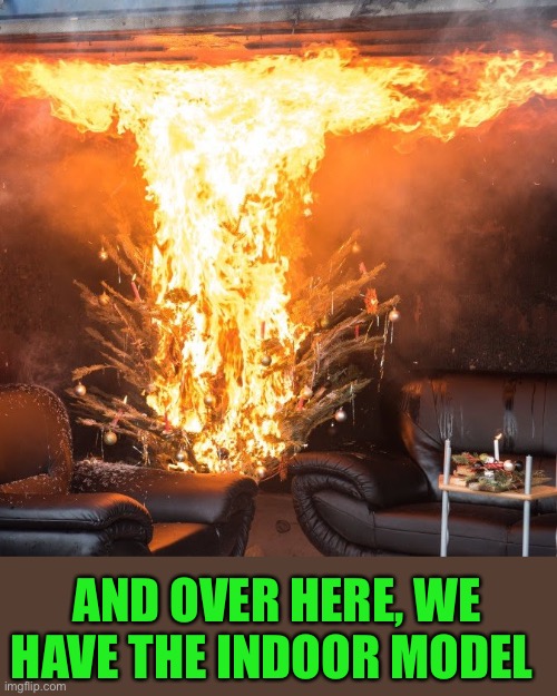 Burning christmas tree | AND OVER HERE, WE HAVE THE INDOOR MODEL | image tagged in burning christmas tree | made w/ Imgflip meme maker