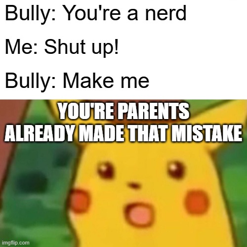 Use this in school :))) | Bully: You're a nerd; Me: Shut up! Bully: Make me; YOU'RE PARENTS ALREADY MADE THAT MISTAKE | image tagged in memes,surprised pikachu | made w/ Imgflip meme maker
