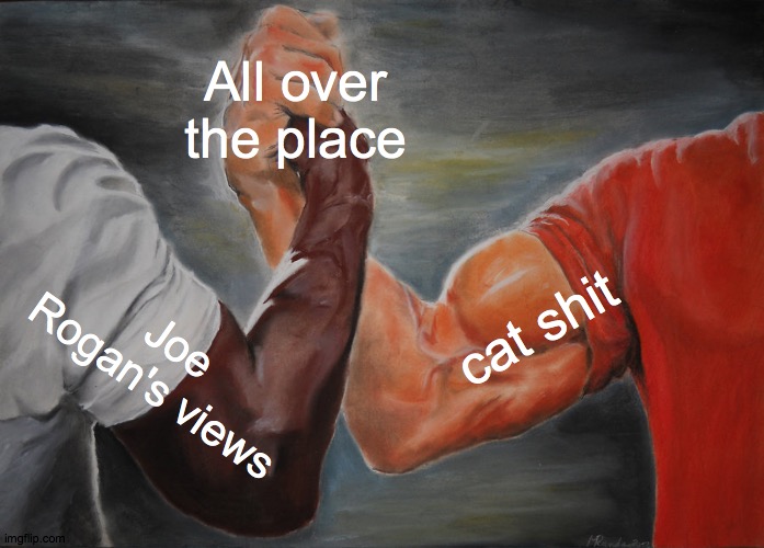 Epic Handshake Meme | All over the place; cat shit; Joe Rogan's views | image tagged in memes,epic handshake | made w/ Imgflip meme maker