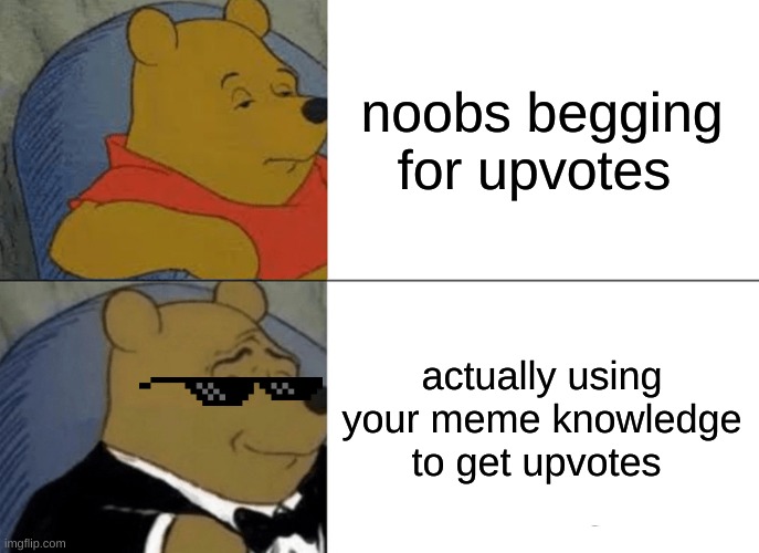 use your meme | noobs begging for upvotes; actually using your meme knowledge to get upvotes | image tagged in memes,tuxedo winnie the pooh | made w/ Imgflip meme maker