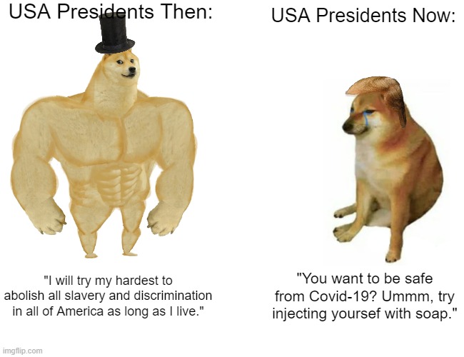 Abraham vs. Trump | USA Presidents Then:; USA Presidents Now:; "I will try my hardest to abolish all slavery and discrimination in all of America as long as I live."; "You want to be safe from Covid-19? Ummm, try injecting yoursef with soap." | image tagged in memes,buff doge vs cheems,donald trump,abraham lincoln | made w/ Imgflip meme maker