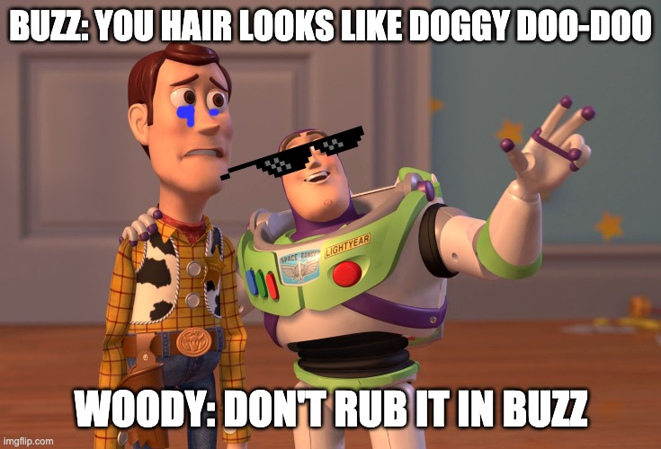 Dis Toooo true | BUZZ: YOU HAIR LOOKS LIKE DOGGY DOO-DOO; WOODY: DON'T RUB IT IN BUZZ | image tagged in memes,x x everywhere | made w/ Imgflip meme maker