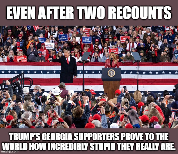 How Trump's cult end up destroying themselves | EVEN AFTER TWO RECOUNTS; TRUMP'S GEORGIA SUPPORTERS PROVE TO THE WORLD HOW INCREDIBLY STUPID THEY REALLY ARE. | image tagged in trump,election 2020,voter fraud,loser,gop scammers | made w/ Imgflip meme maker