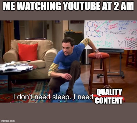 I don't need sleep I need answers | ME WATCHING YOUTUBE AT 2 AM; QUALITY CONTENT | image tagged in i don't need sleep i need answers | made w/ Imgflip meme maker