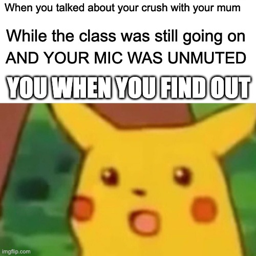 Surprised Pikachu | When you talked about your crush with your mum; While the class was still going on; AND YOUR MIC WAS UNMUTED; YOU WHEN YOU FIND OUT | image tagged in memes,surprised pikachu | made w/ Imgflip meme maker