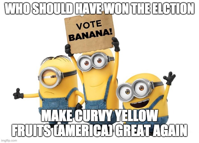 Vote for Banana | WHO SHOULD HAVE WON THE ELCTION; MAKE CURVY YELLOW FRUITS (AMERICA) GREAT AGAIN | image tagged in minions,banana,election,funny,yellow fruits | made w/ Imgflip meme maker