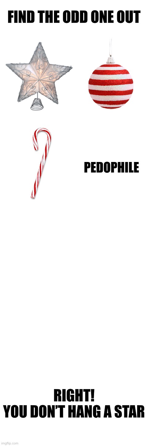  FIND THE ODD ONE OUT; PEDOPHILE; RIGHT!
YOU DON’T HANG A STAR | image tagged in happy new year,memes,so true memes,funny memes,hilarious memes,christmas | made w/ Imgflip meme maker