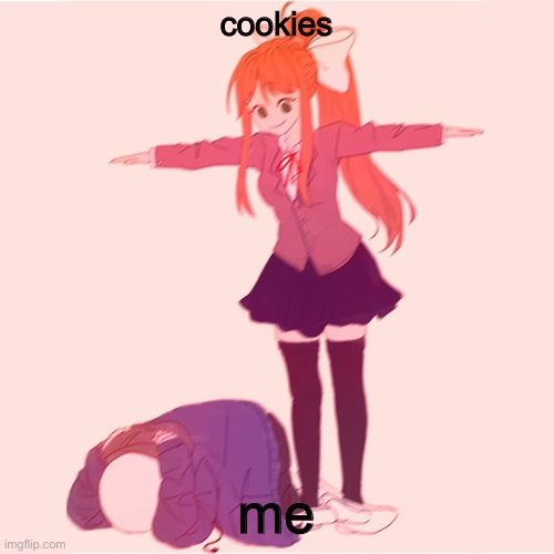 me when i enter a website | cookies; me | image tagged in monika t-posing on sans | made w/ Imgflip meme maker