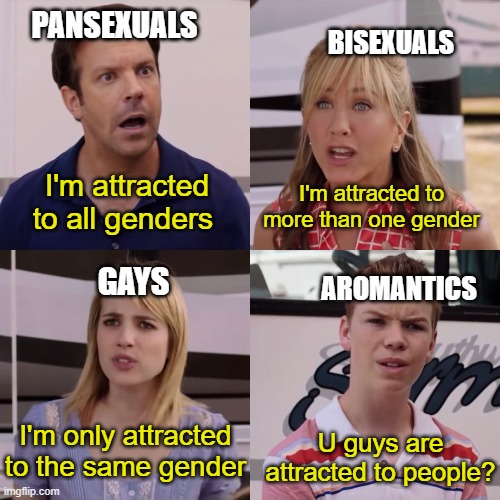 Haha I just wanted to make this :) | PANSEXUALS; BISEXUALS; I'm attracted to more than one gender; I'm attracted to all genders; GAYS; AROMANTICS; I'm only attracted to the same gender; U guys are attracted to people? | image tagged in memes,lgbtq,you guys are getting paid,attraction,hahaha | made w/ Imgflip meme maker