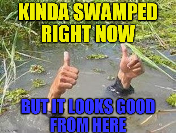 FLOODING THUMBS UP | KINDA SWAMPED
RIGHT NOW BUT IT LOOKS GOOD
FROM HERE | image tagged in flooding thumbs up | made w/ Imgflip meme maker