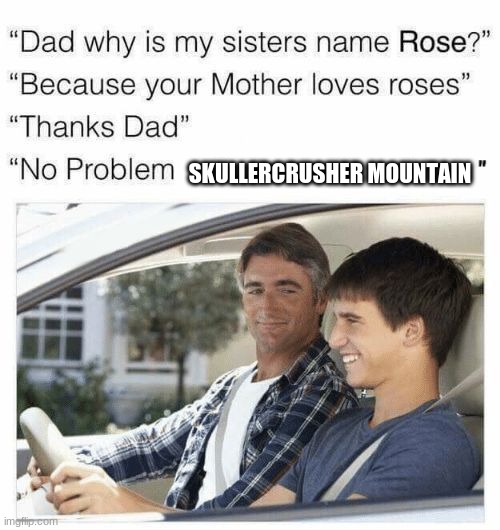 Great song, https://www.youtube.com/watch?v=mXLlnreBwOQ | SKULLERCRUSHER MOUNTAIN | image tagged in why is my sister's name rose | made w/ Imgflip meme maker
