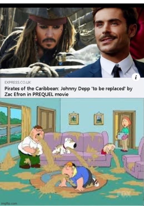 Nooooo | image tagged in family guy barfing,funny,memes,pirates of the carribean,johnny depp | made w/ Imgflip meme maker