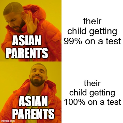 free epic burritos | their child getting 99% on a test; ASIAN PARENTS; their child getting 100% on a test; ASIAN PARENTS | image tagged in memes,drake hotline bling | made w/ Imgflip meme maker