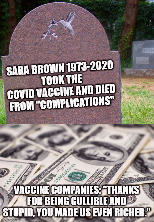Because untested, rushed vaccines are always "safe" | SARA BROWN 1973-2020
 TOOK THE COVID VACCINE AND DIED FROM "COMPLICATIONS"; VACCINE COMPANIES: "THANKS FOR BEING GULLIBLE AND STUPID, YOU MADE US EVEN RICHER." | image tagged in vaccine,vaccination,covid,covid19 | made w/ Imgflip meme maker