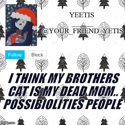 ye | I THINK MY BROTHERS CAT IS MY DEAD MOM.. POSSIBIOLITIES PEOPLE | made w/ Imgflip meme maker