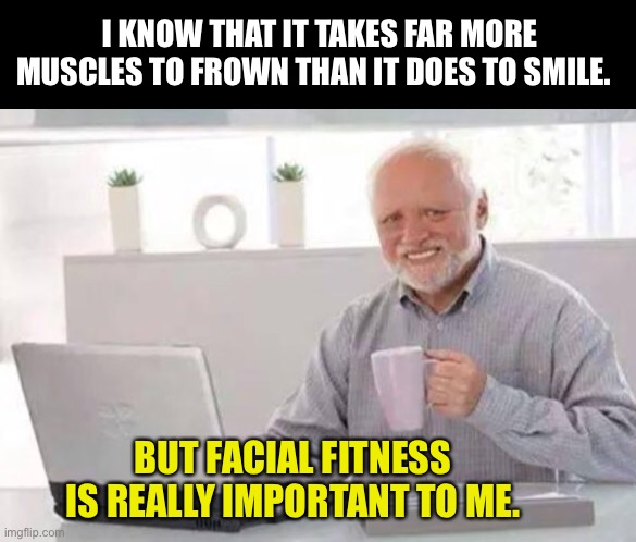 Facial fitness | I KNOW THAT IT TAKES FAR MORE MUSCLES TO FROWN THAN IT DOES TO SMILE. BUT FACIAL FITNESS IS REALLY IMPORTANT TO ME. | image tagged in harold | made w/ Imgflip meme maker